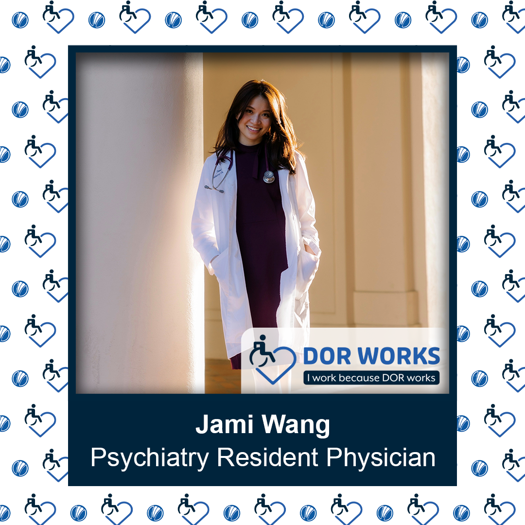 Photo of a smiling woman wearing a doctor’s coat leaning against a pillar. Photo is outlined like a picture frame. There is an I Work Because DOR Works logo at the bottom of the photo and smaller versions of the logo repeated on the background.